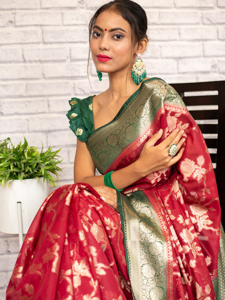 Banarasi Kora Saree With Zari Jaal Weaving & Contrast Border-Red