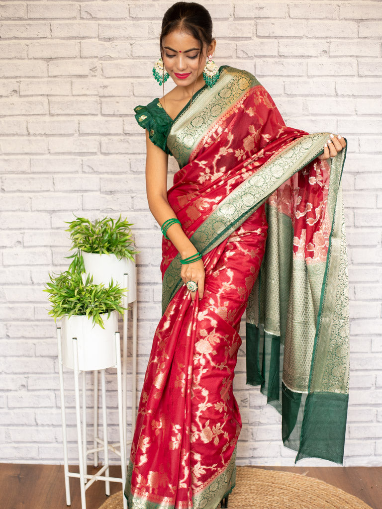 Banarasi Kora Saree With Zari Jaal Weaving & Contrast Border-Red