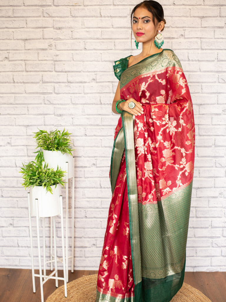 Banarasi Kora Saree With Zari Jaal Weaving & Contrast Border-Red