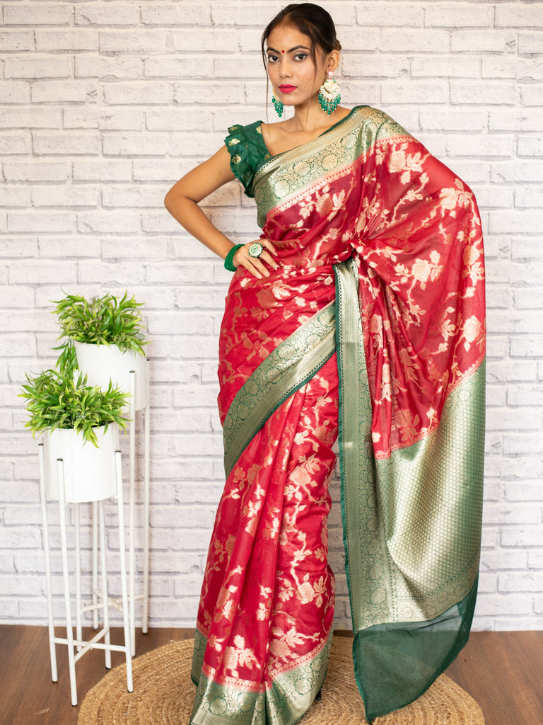 Banarasi Kora Saree With Zari Jaal Weaving & Contrast Border-Red