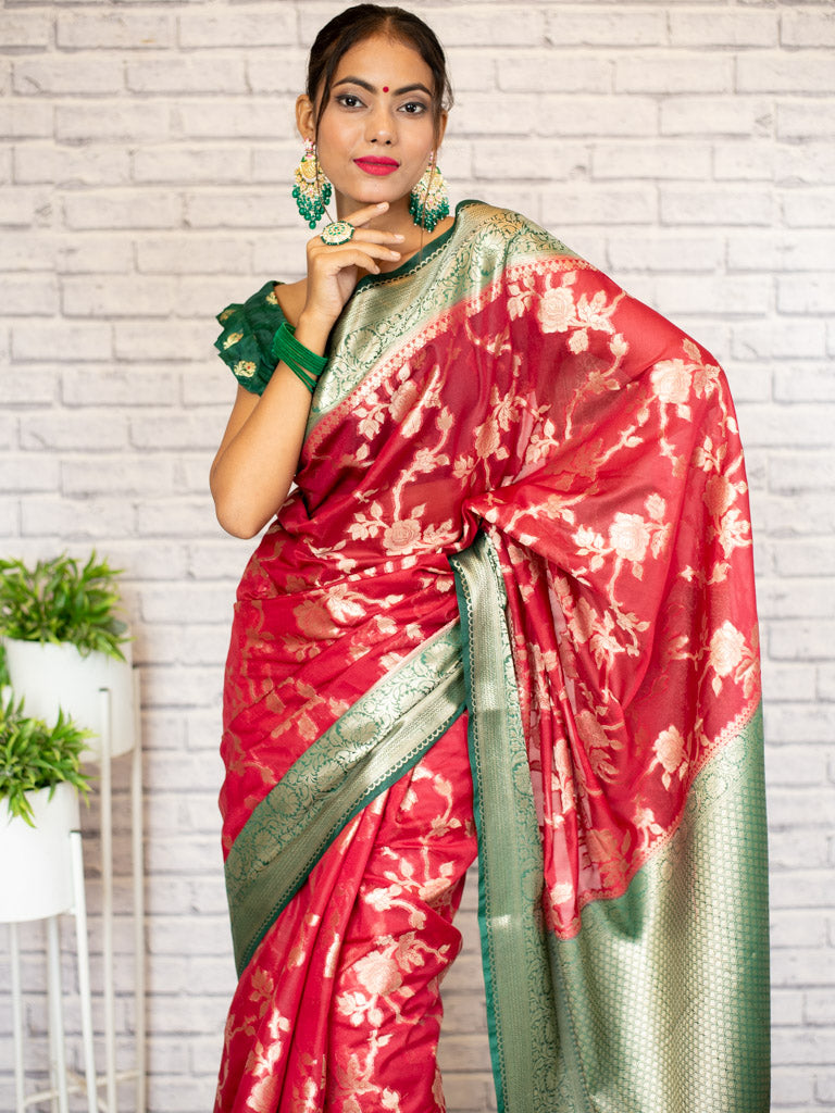 Banarasi Kora Saree With Zari Jaal Weaving & Contrast Border-Red