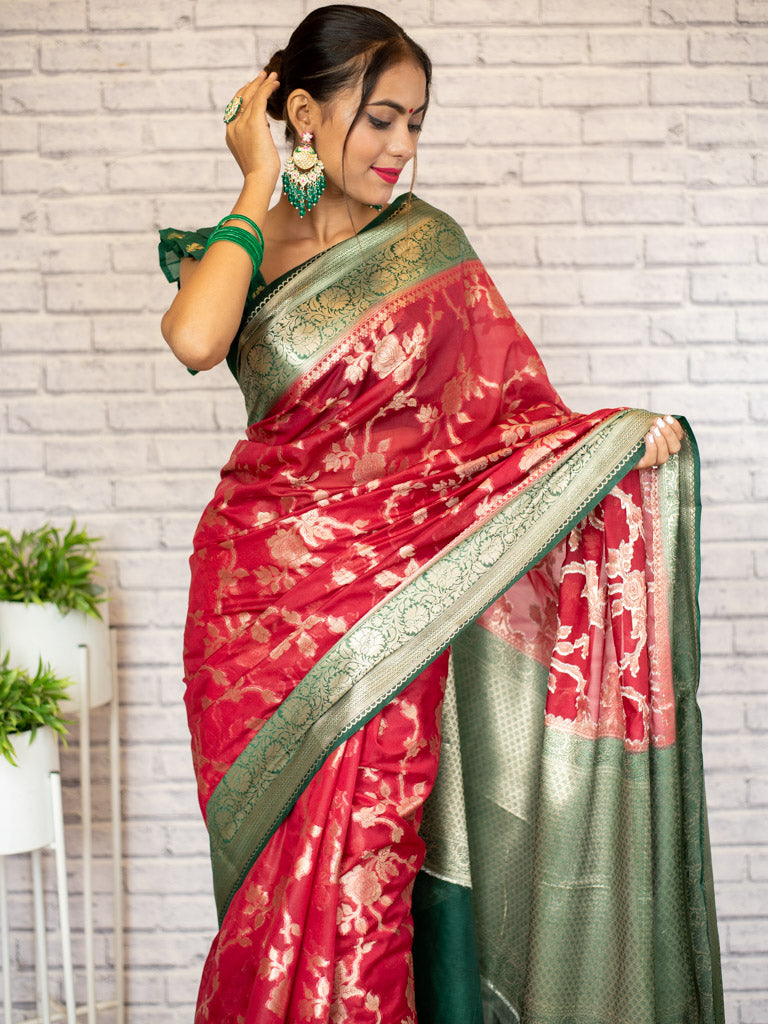 Banarasi Kora Saree With Zari Jaal Weaving & Contrast Border-Red