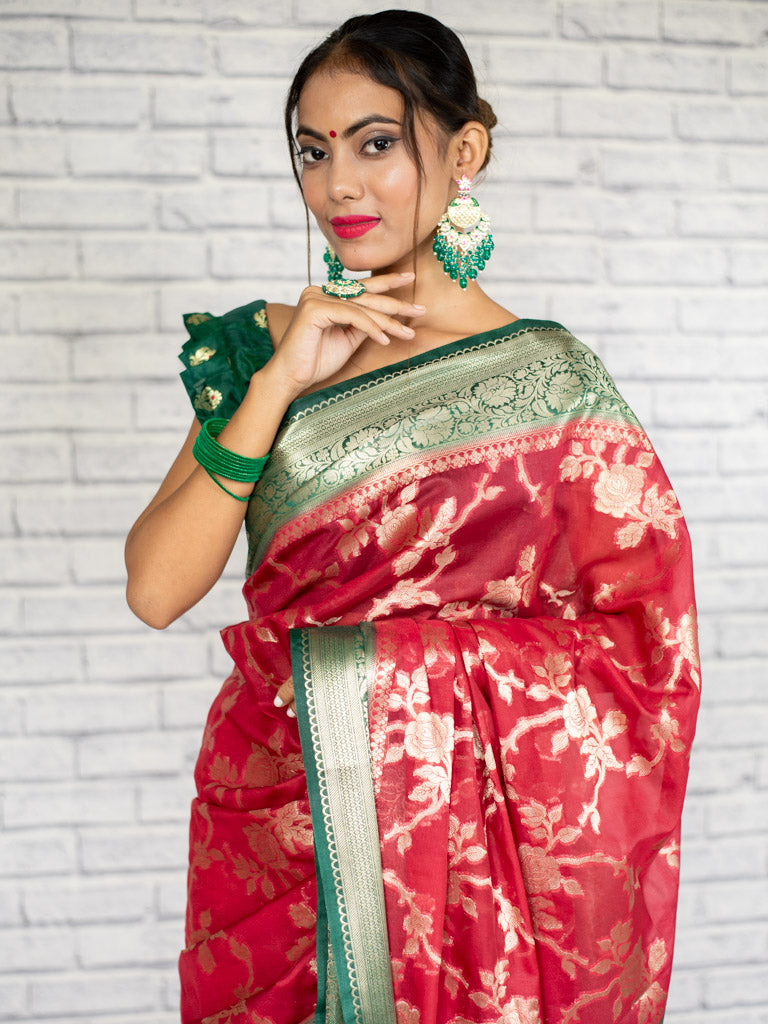 Banarasi Kora Saree With Zari Jaal Weaving & Contrast Border-Red