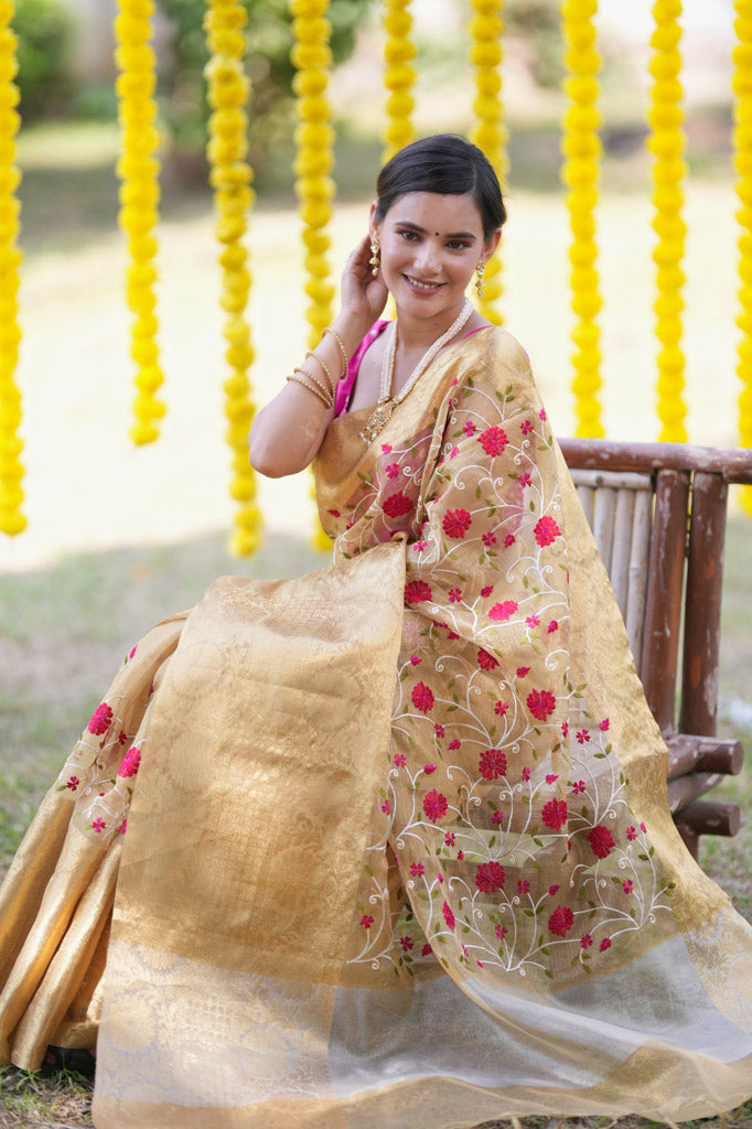 Banarasi Soft Tissue Saree With Jaal Embroidery Zari Weaving Border -Beige