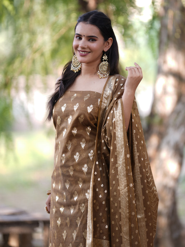 Banarasi Cotton Silk Salwar Kameez Material With Silver Zari Weaving & Dupatta-Mustard