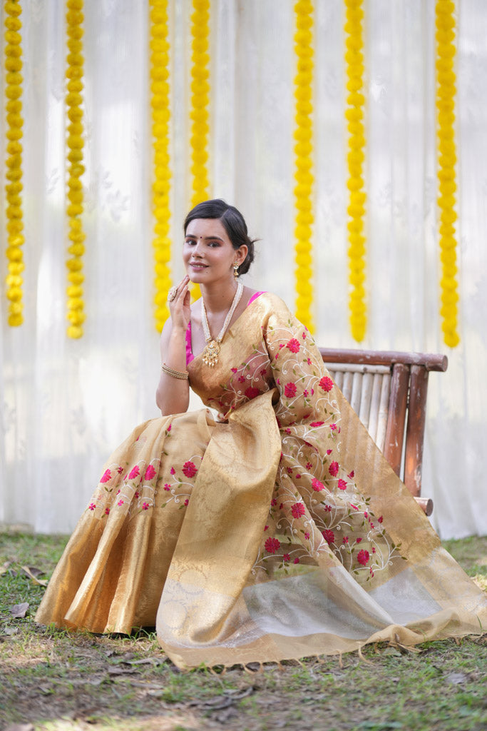 Banarasi Soft Tissue Saree With Jaal Embroidery Zari Weaving Border -Beige