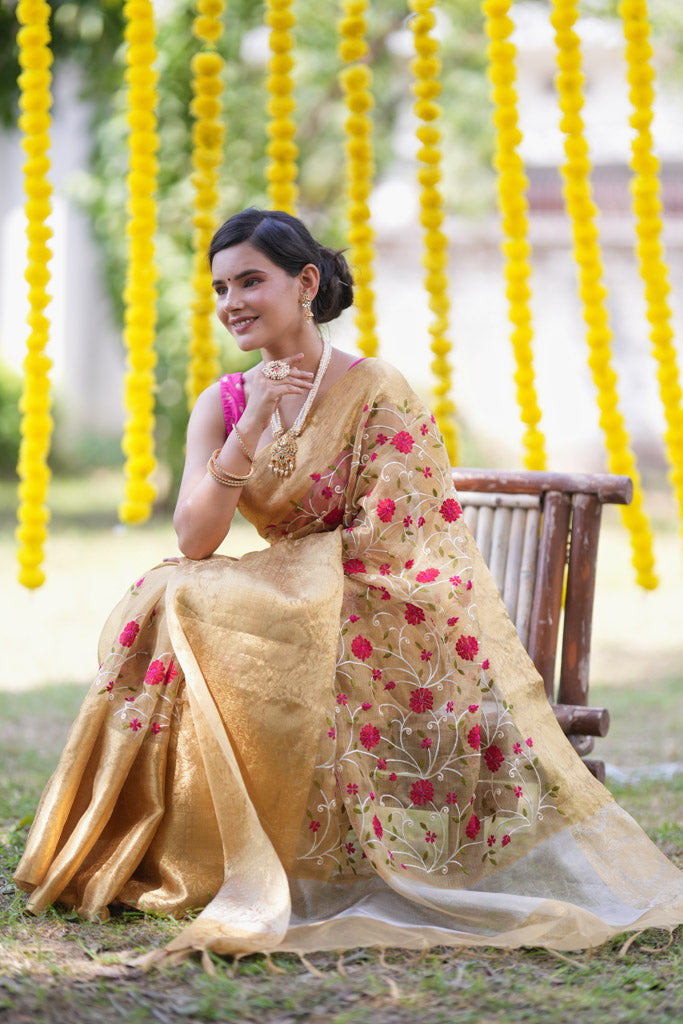 Banarasi Soft Tissue Saree With Jaal Embroidery Zari Weaving Border -Beige