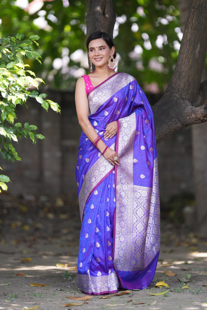 Banarasi Art Katan Silk Saree With Zari Buta Weaving & Tanchoi Weaving-Purple