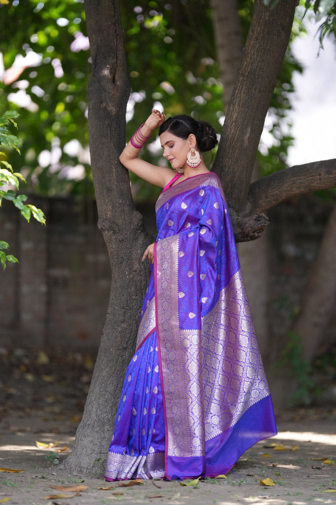 Banarasi Art Katan Silk Saree With Zari Buta Weaving & Tanchoi Weaving-Purple