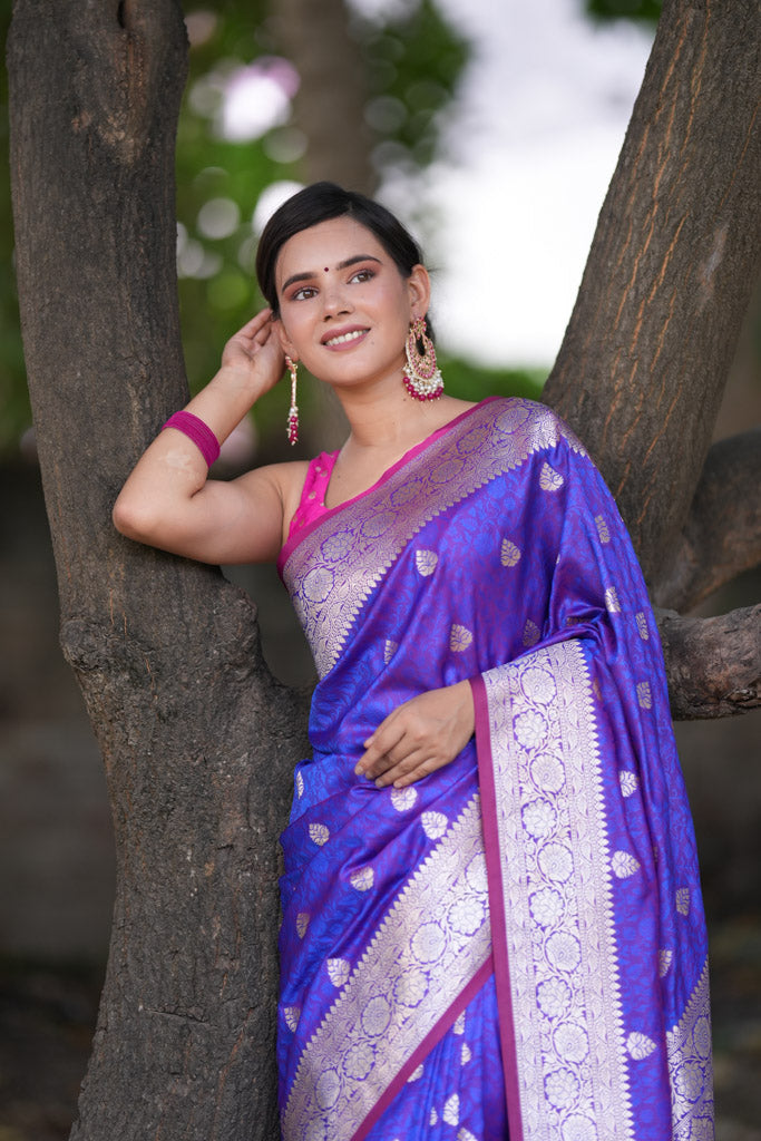 Banarasi Art Katan Silk Saree With Zari Buta Weaving & Tanchoi Weaving-Purple