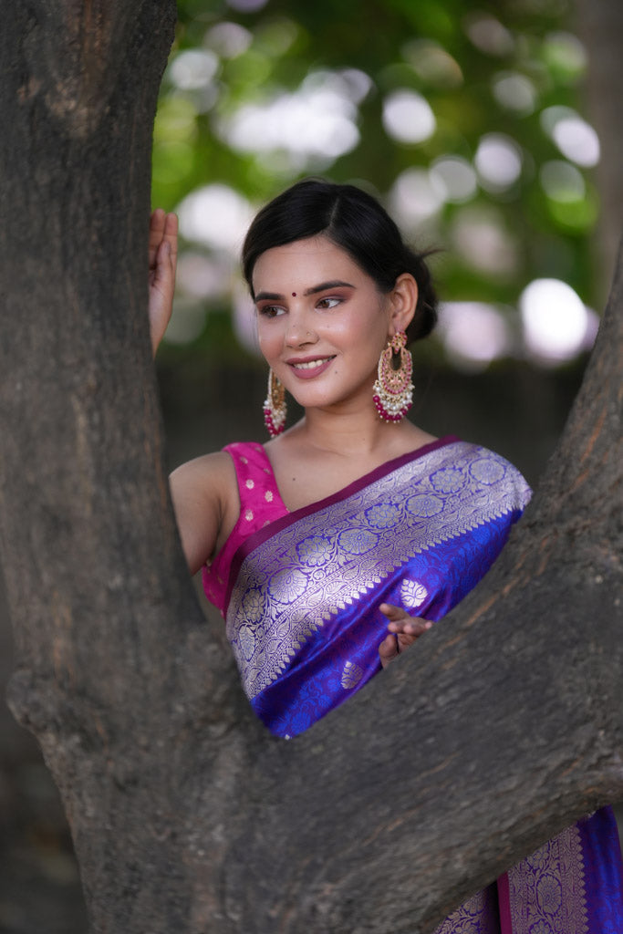 Banarasi Art Katan Silk Saree With Zari Buta Weaving & Tanchoi Weaving-Purple