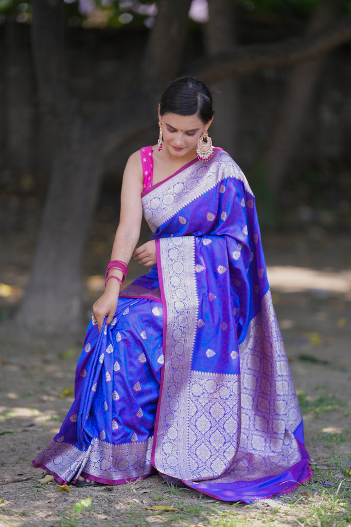 Banarasi Art Katan Silk Saree With Zari Buta Weaving & Tanchoi Weaving-Purple