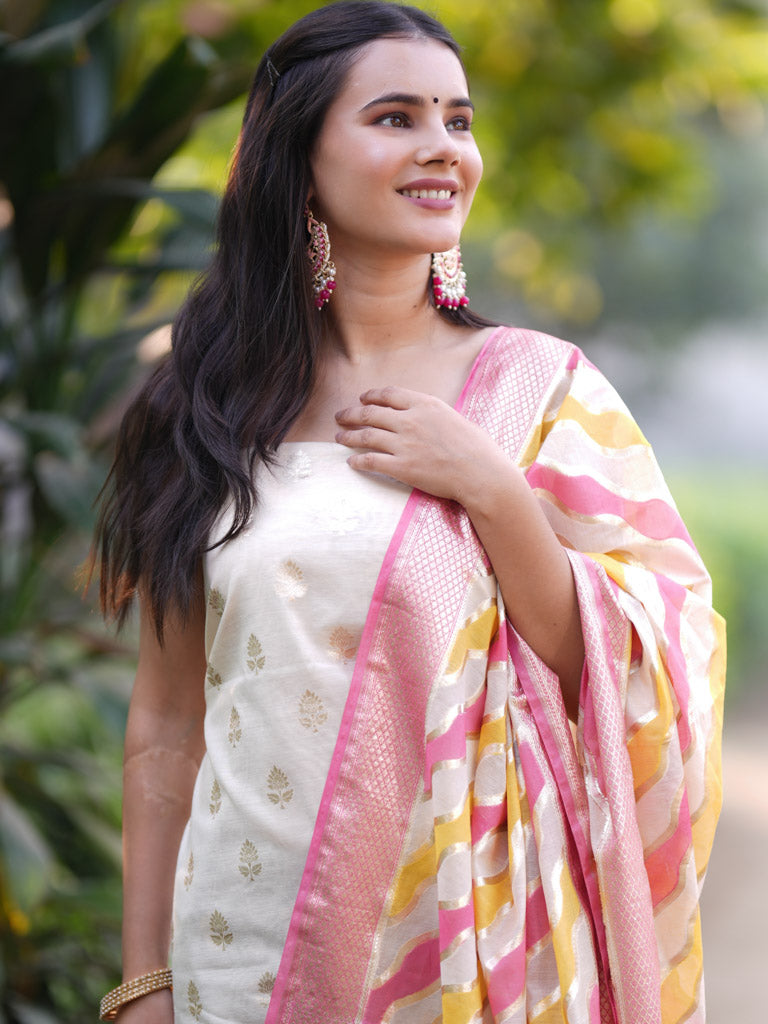 Banarasi Cotton Silk Salwar Kameez Material With Silver Zari Weaving & Dupatta-Cream