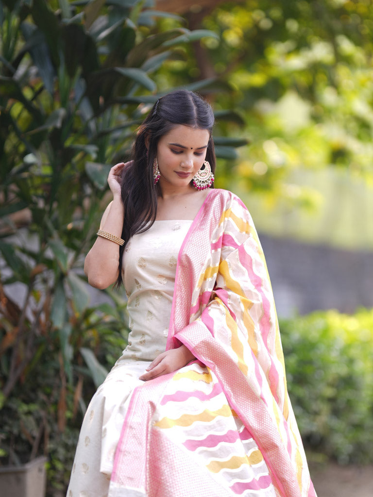 Banarasi Cotton Silk Salwar Kameez Material With Silver Zari Weaving & Dupatta-Cream
