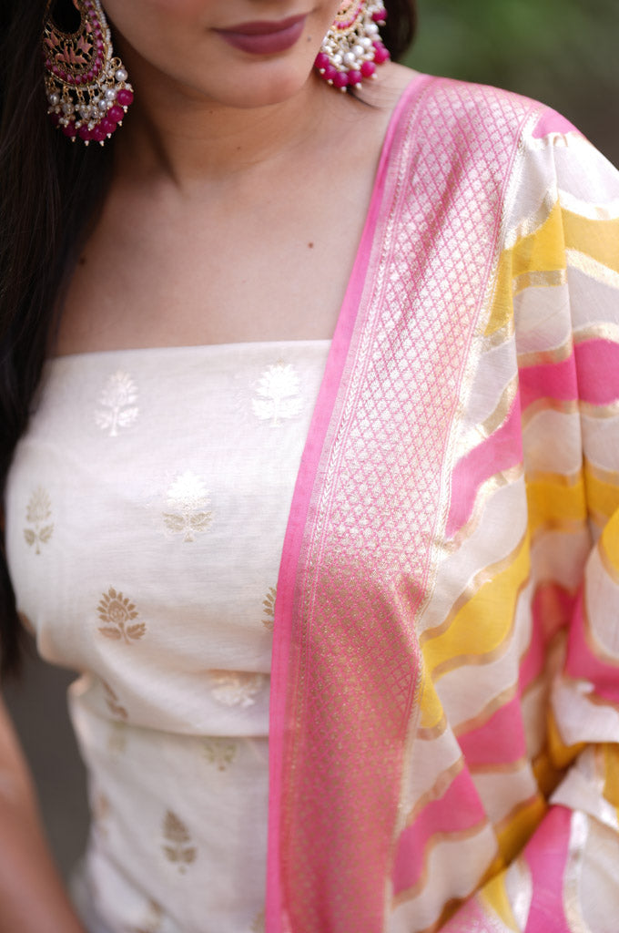 Banarasi Cotton Silk Salwar Kameez Material With Silver Zari Weaving & Dupatta-Cream