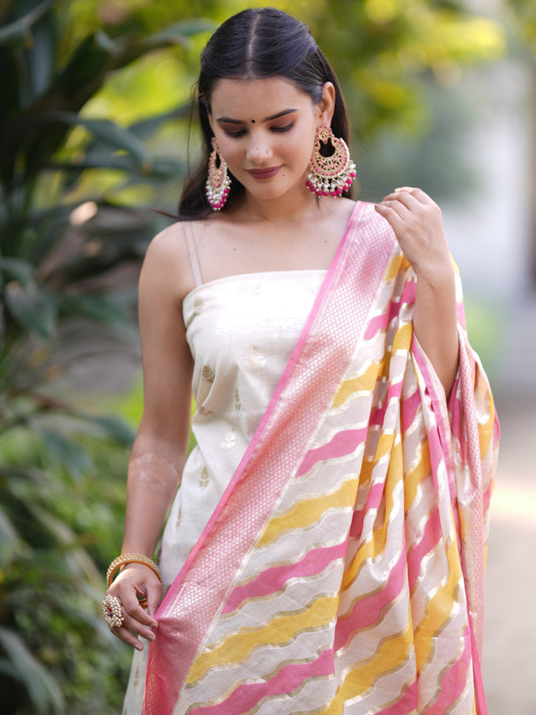 Banarasi Cotton Silk Salwar Kameez Material With Silver Zari Weaving & Dupatta-Cream