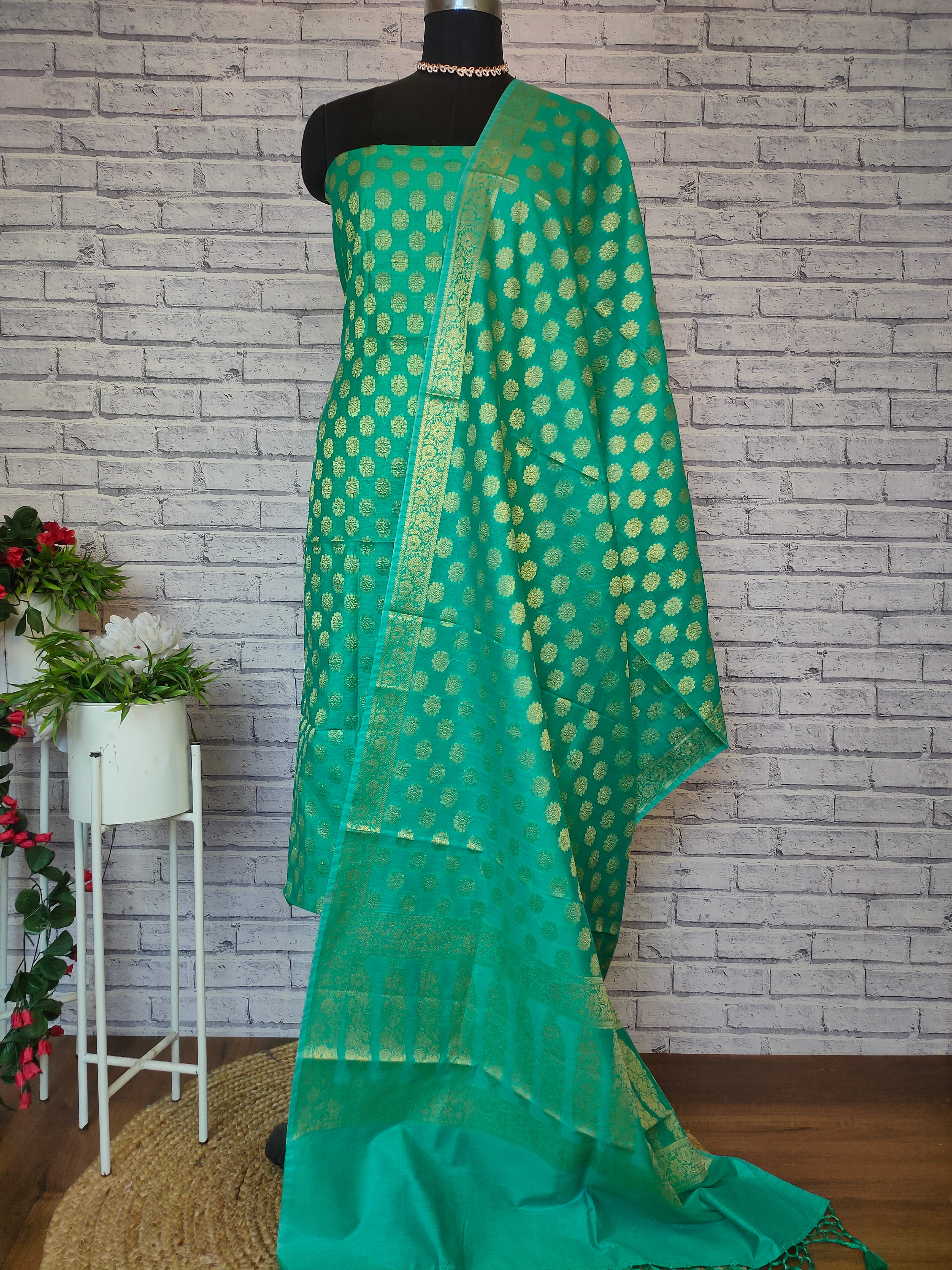 Banarasi Cotton Silk Zari Weaving Salwar Kameez Material-Blue