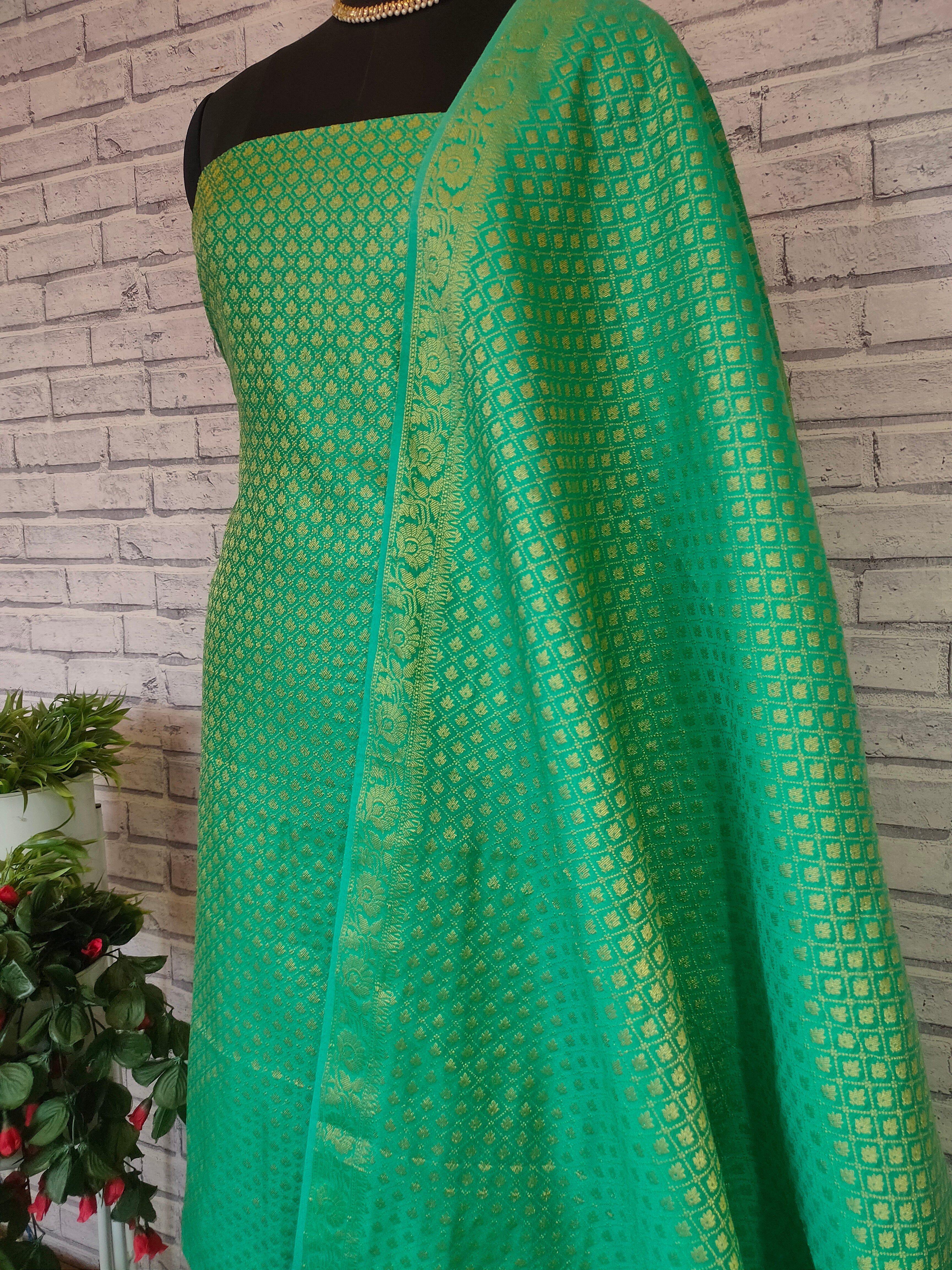Banarasi Cotton Silk Zari Weaving Salwar Kameez Material- Sea Green