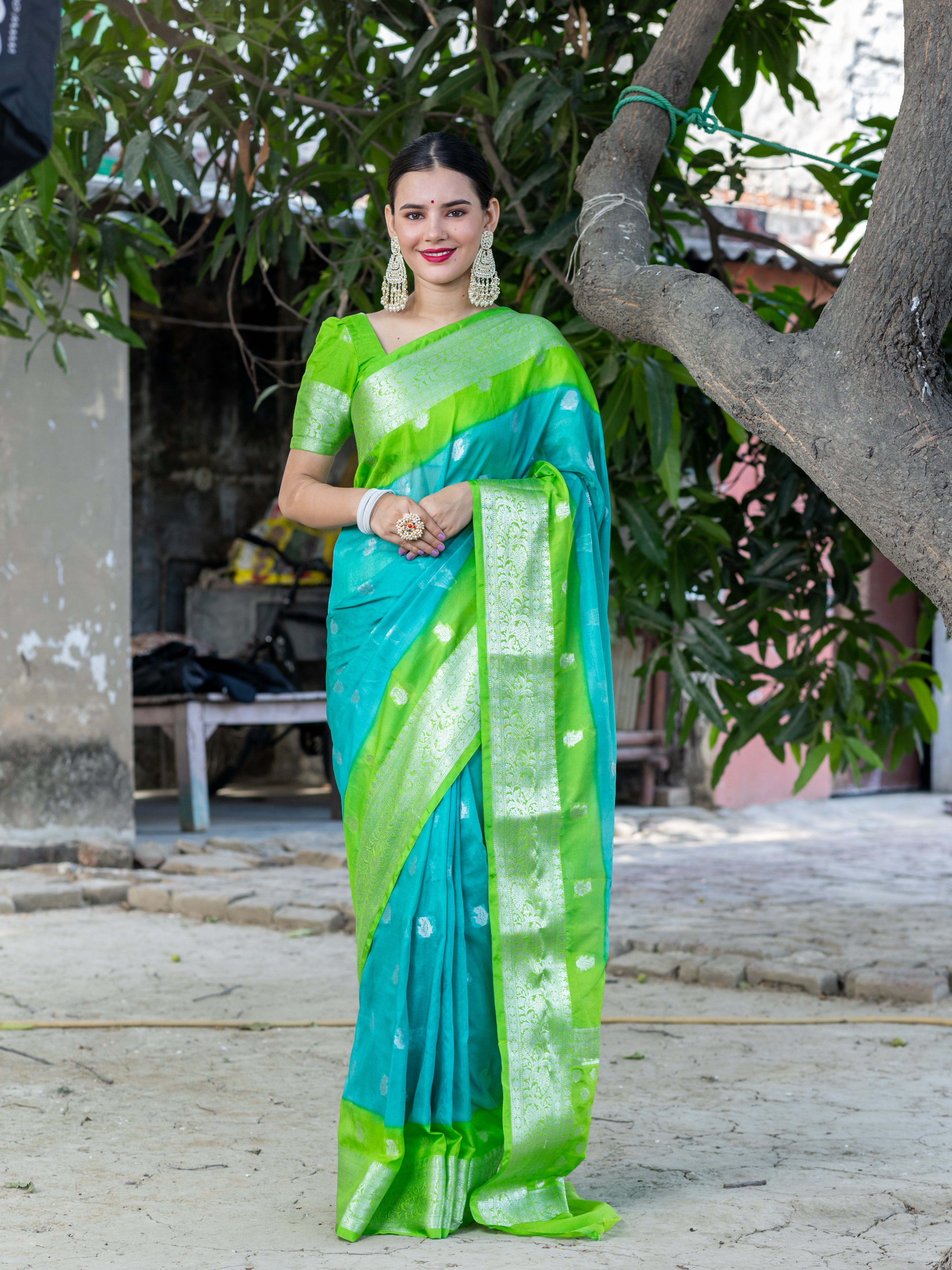 Banarasi Dual Shade Semi Chiffon Saree Silver Zari Buti Weaving-Blue