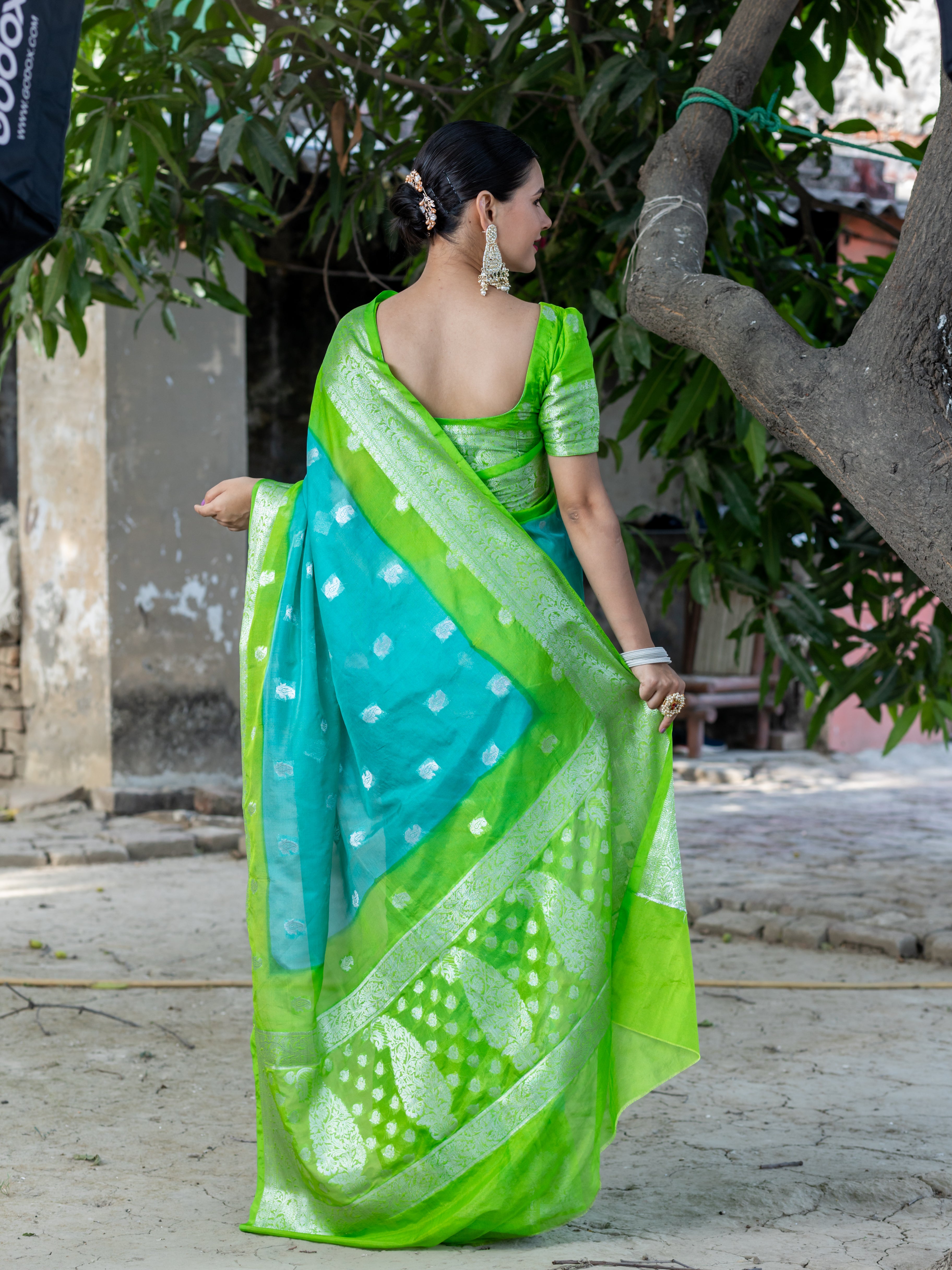 Banarasi Dual Shade Semi Chiffon Saree Silver Zari Buti Weaving-Blue