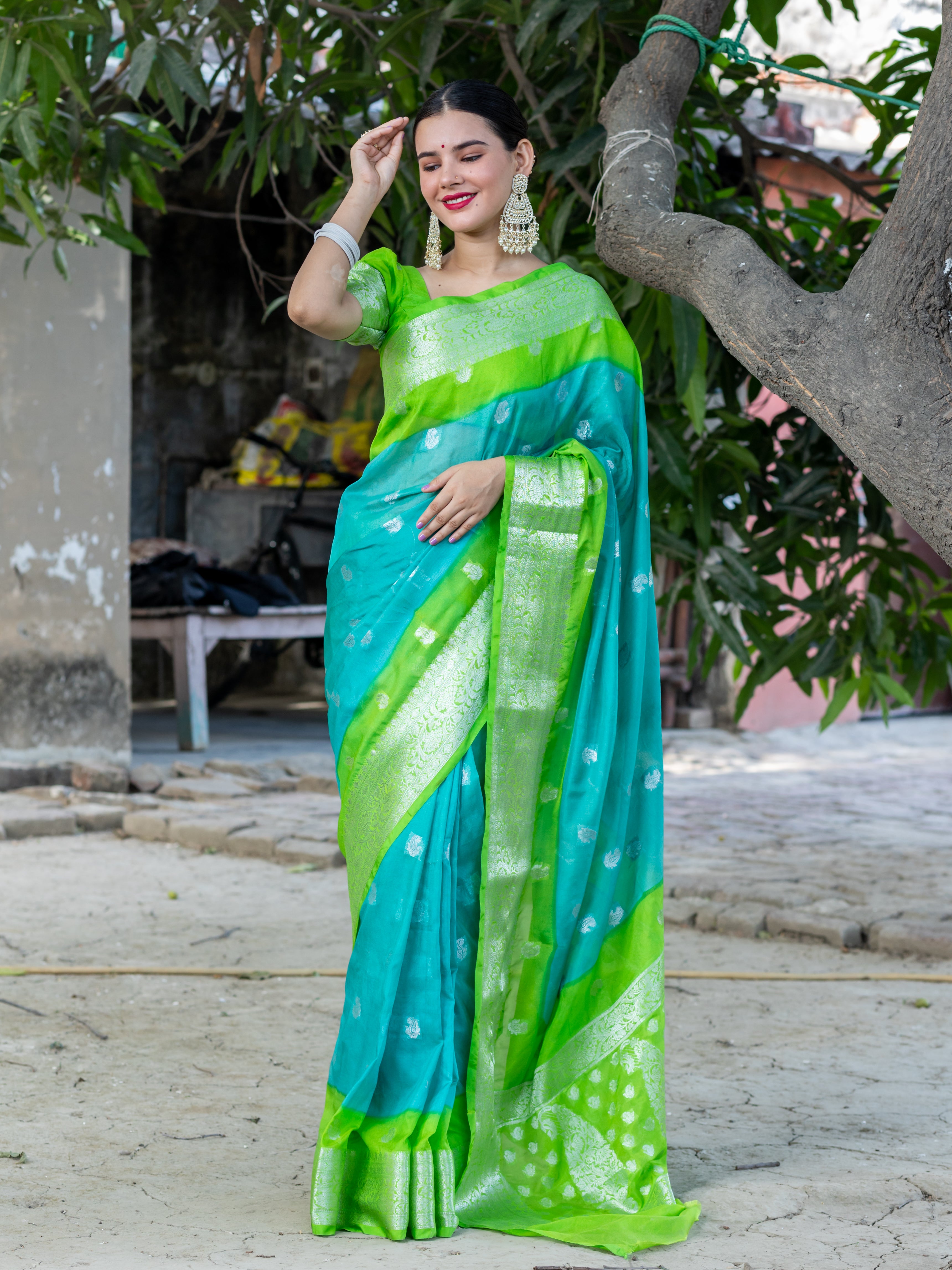 Banarasi Dual Shade Semi Chiffon Saree Silver Zari Buti Weaving-Blue