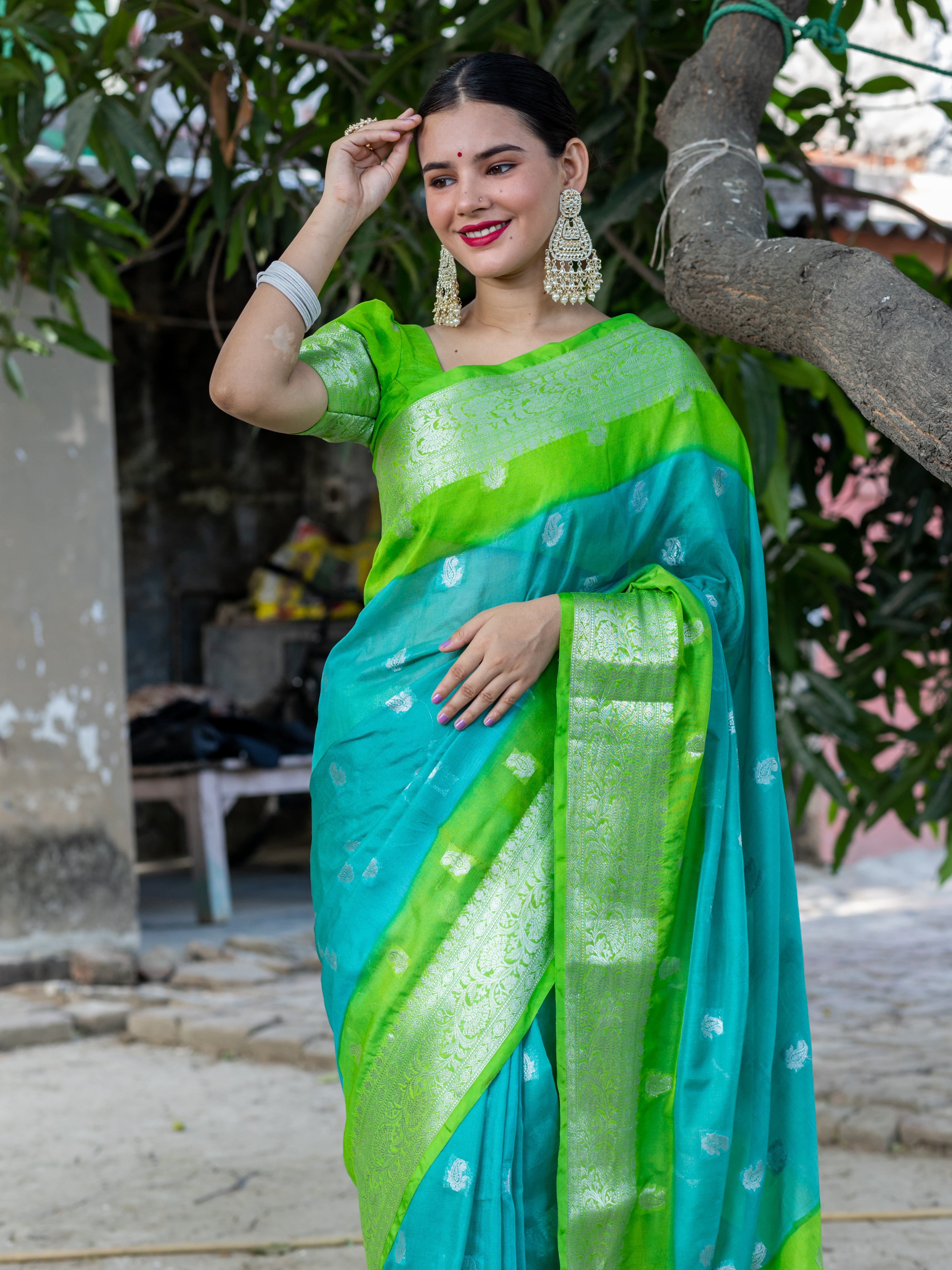 Banarasi Dual Shade Semi Chiffon Saree Silver Zari Buti Weaving-Blue