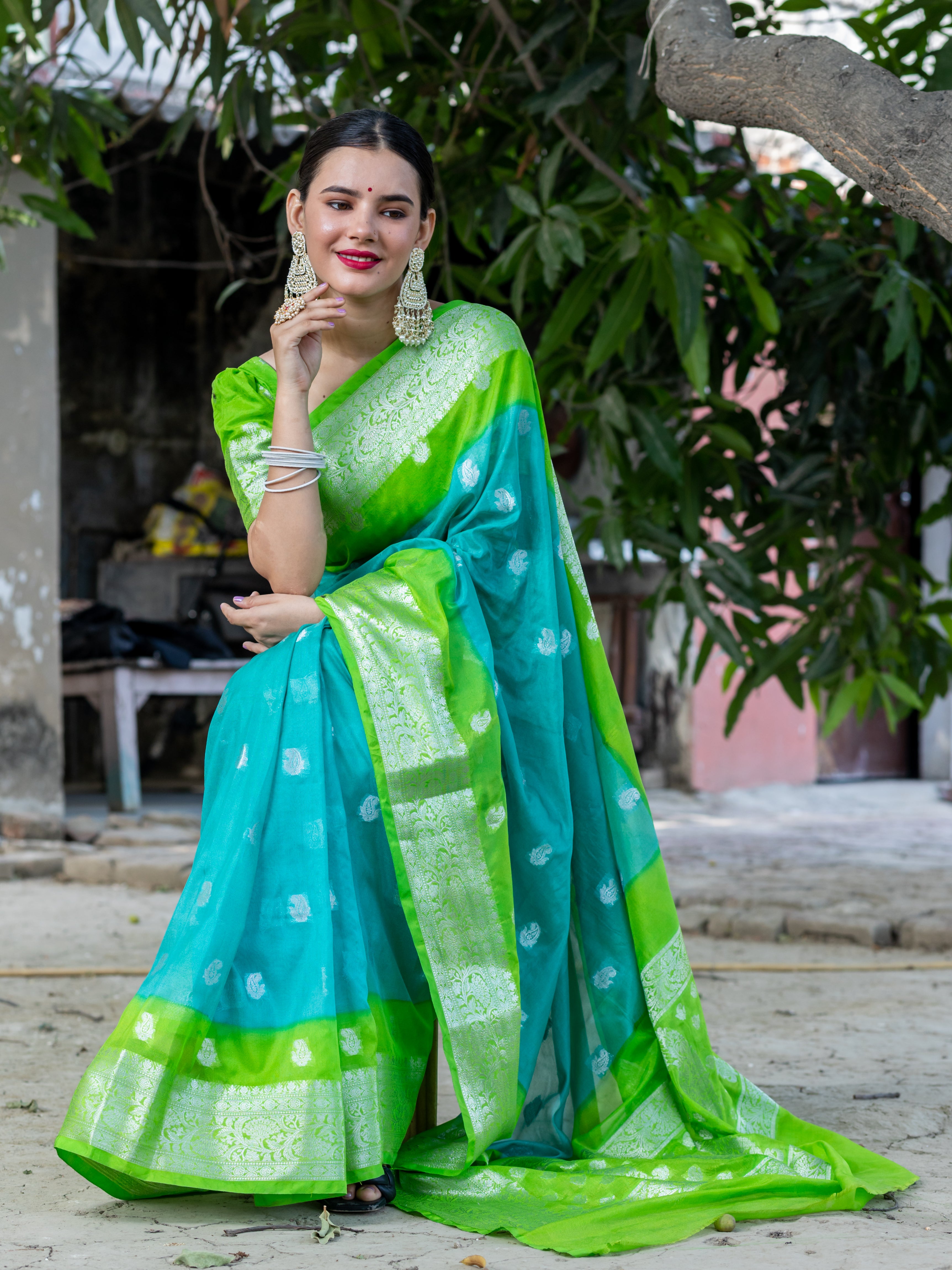 Banarasi Dual Shade Semi Chiffon Saree Silver Zari Buti Weaving-Blue