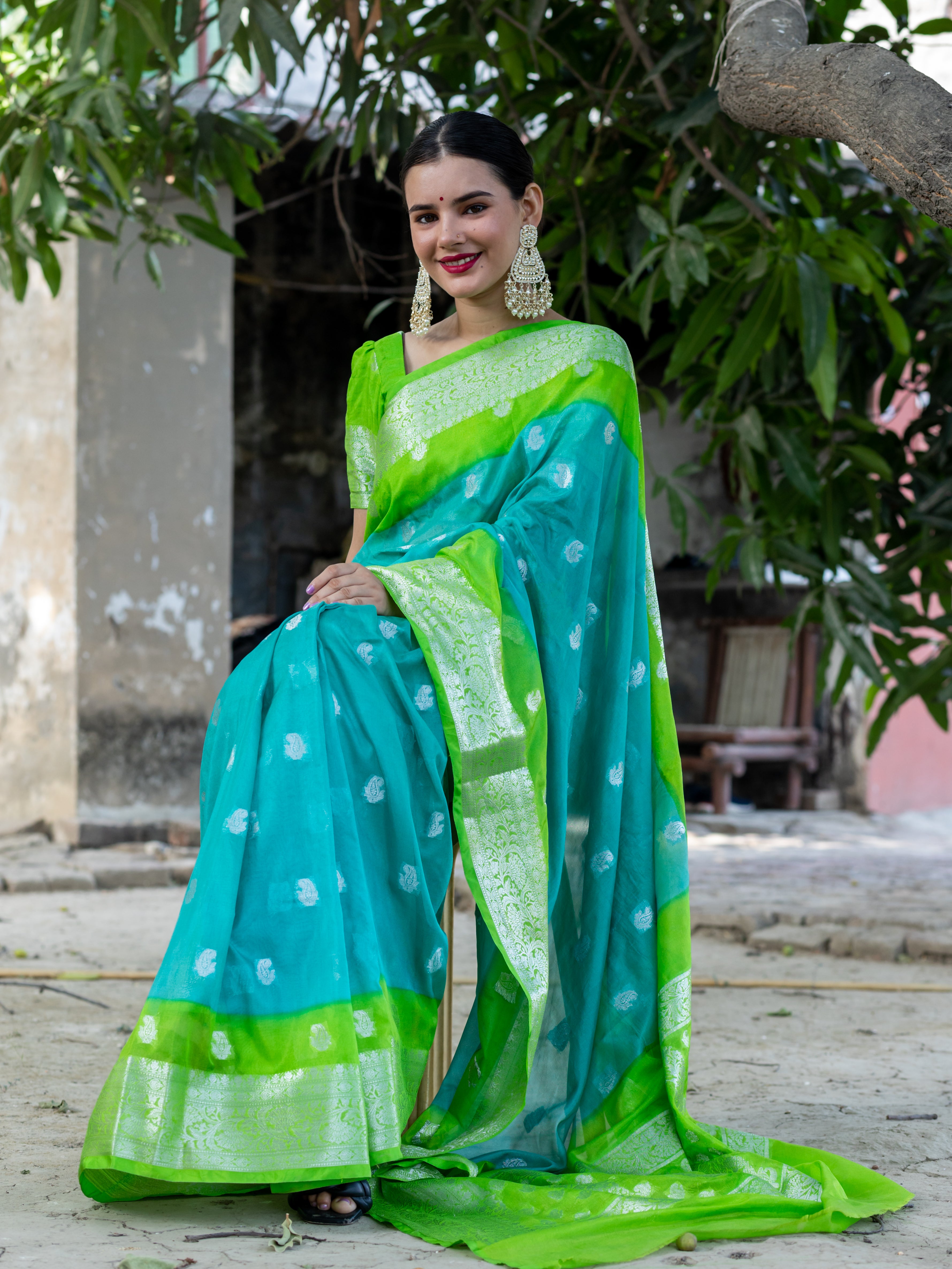 Banarasi Dual Shade Semi Chiffon Saree Silver Zari Buti Weaving-Blue