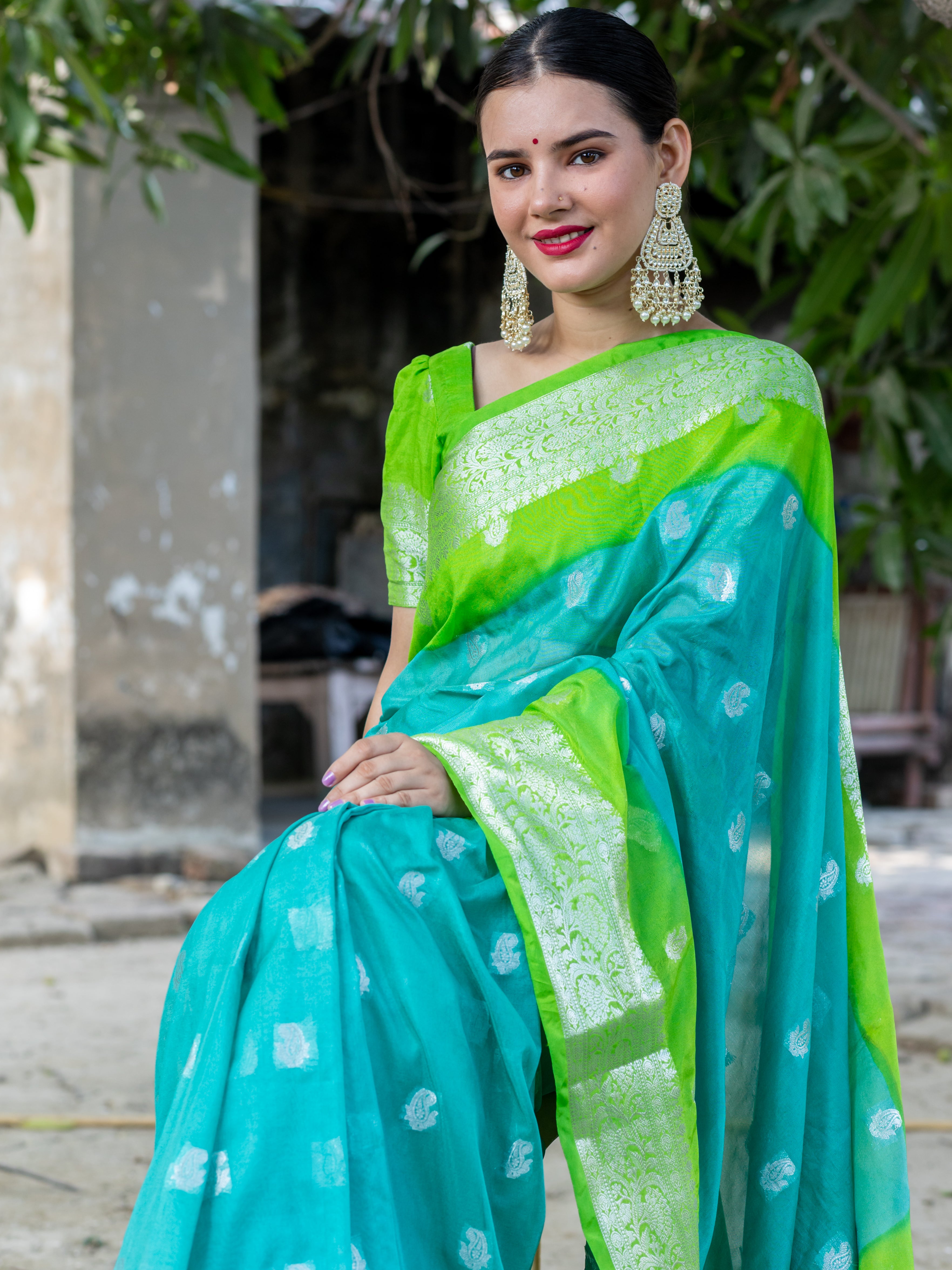 Banarasi Dual Shade Semi Chiffon Saree Silver Zari Buti Weaving-Blue