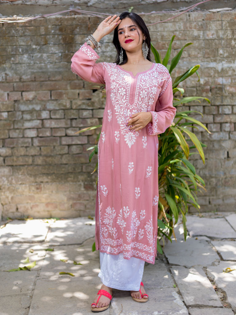 Readymade Floral Chikankari Modal Kurti-Pink