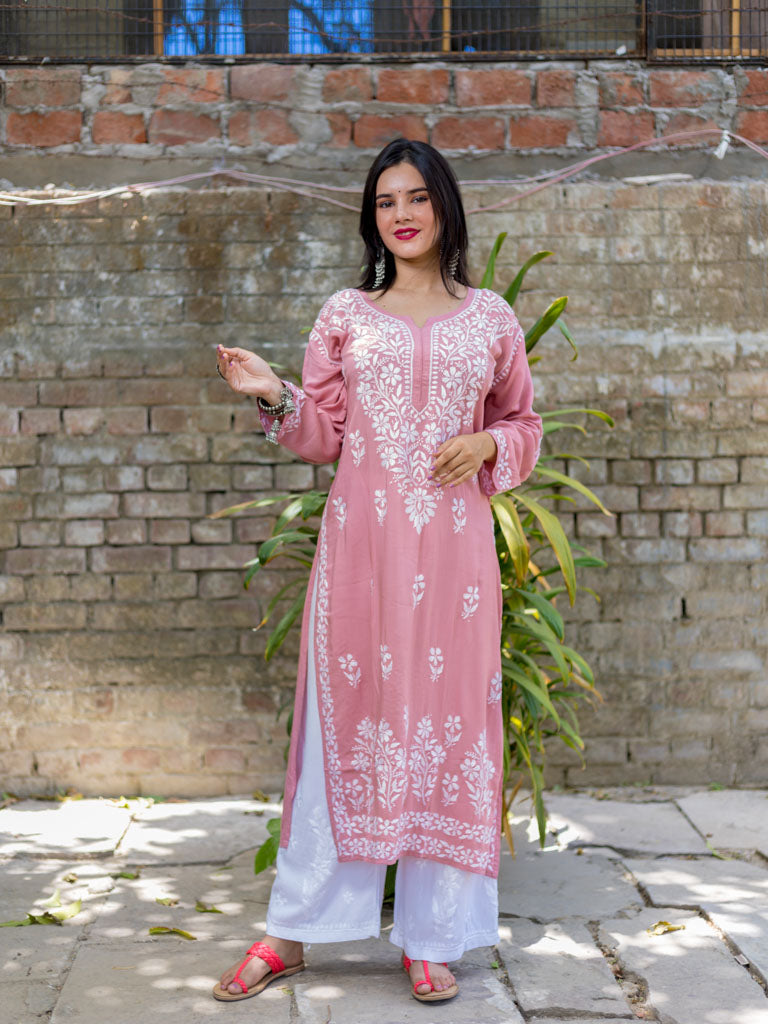 Readymade Floral Chikankari Modal Kurti-Pink