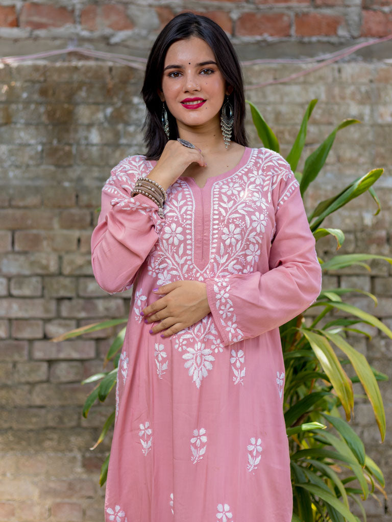 Readymade Floral Chikankari Modal Kurti-Pink