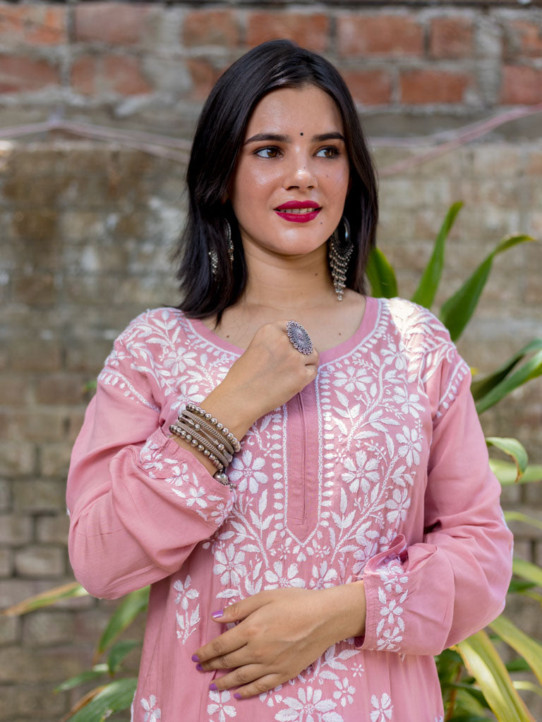 Readymade Floral Chikankari Modal Kurti-Pink