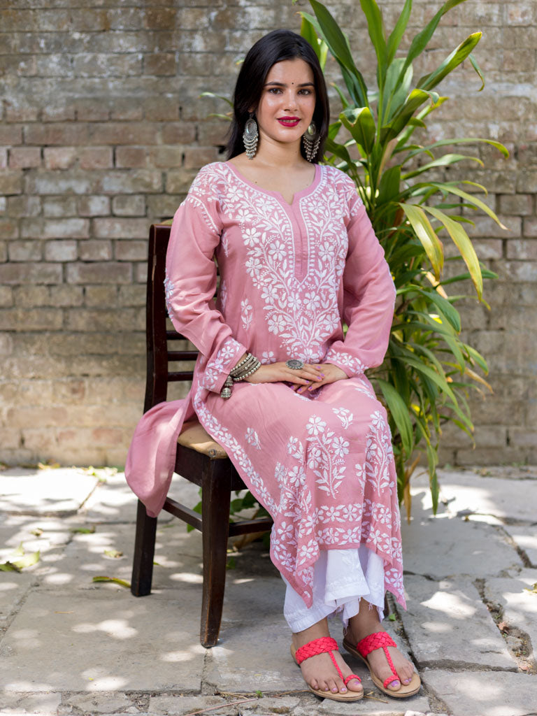 Readymade Floral Chikankari Modal Kurti-Pink