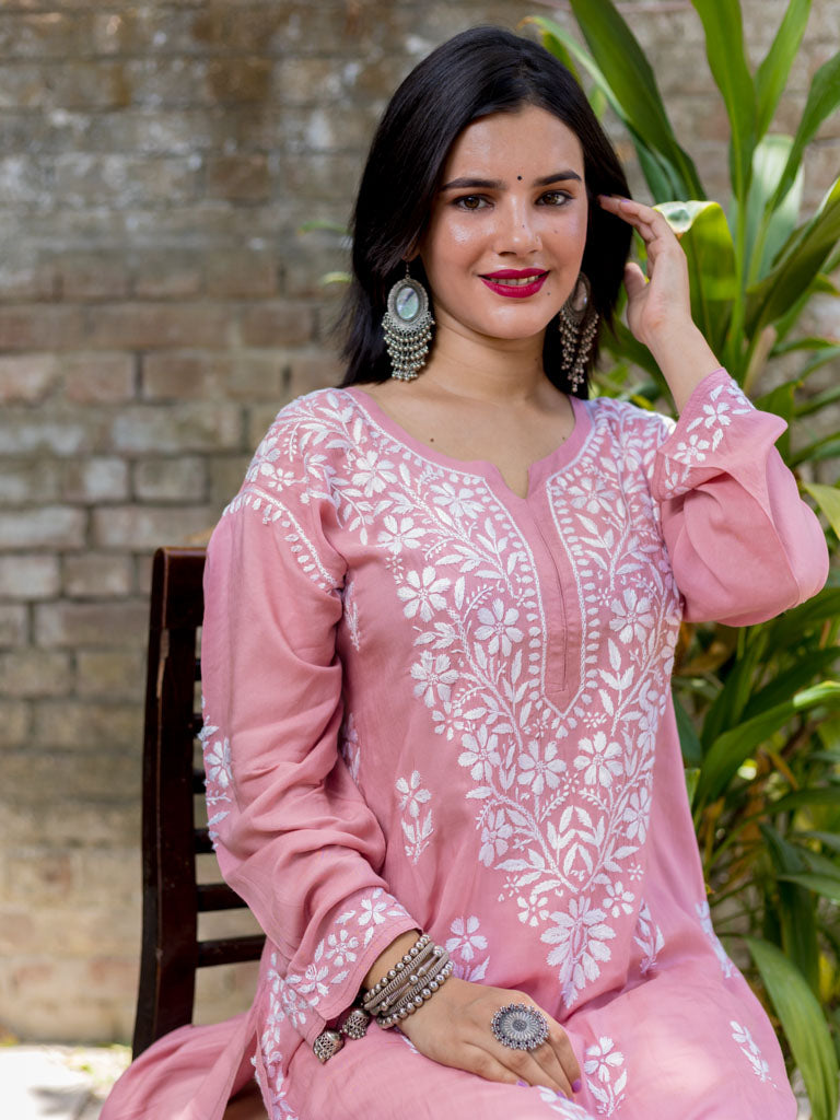 Readymade Floral Chikankari Modal Kurti-Pink