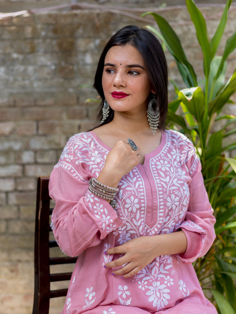 Readymade Floral Chikankari Crepe Silk Kurti-Rose Pink