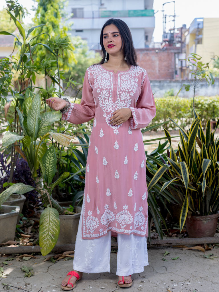 Readymade Floral Chikankari Crepe Silk Kurti-Rose Pink