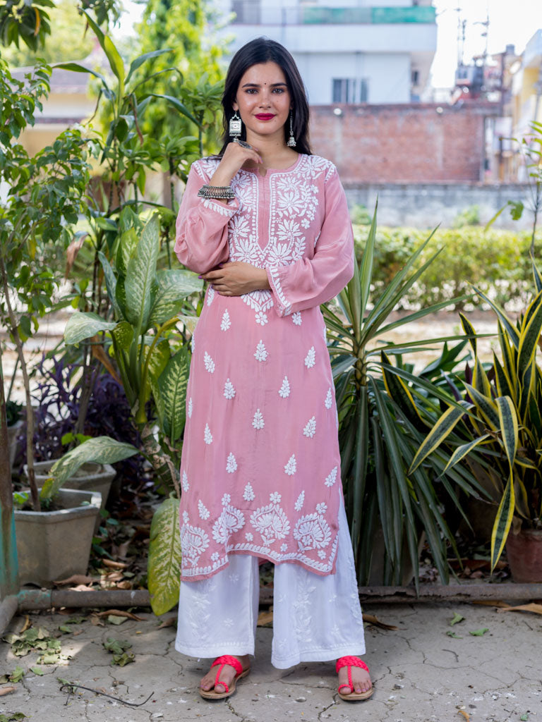 Readymade Floral Chikankari Crepe Silk Kurti-Rose Pink