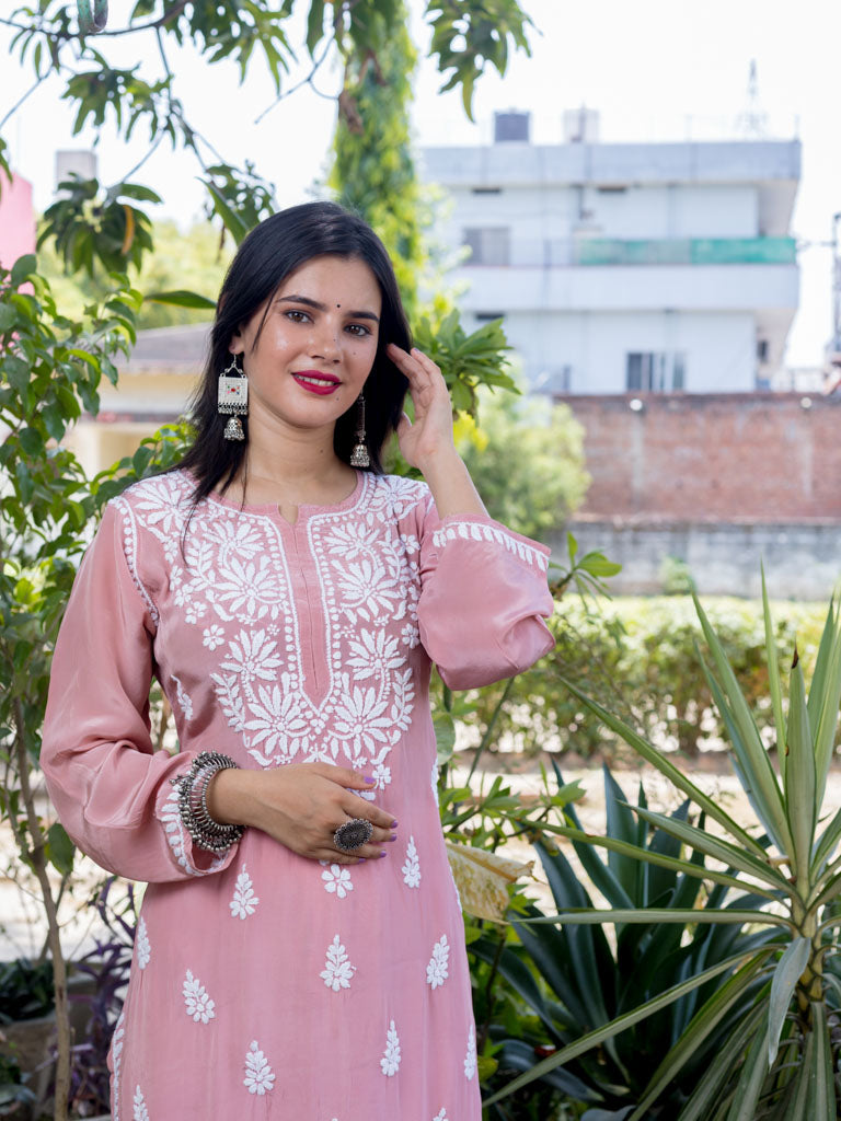 Readymade Floral Chikankari Crepe Silk Kurti-Rose Pink