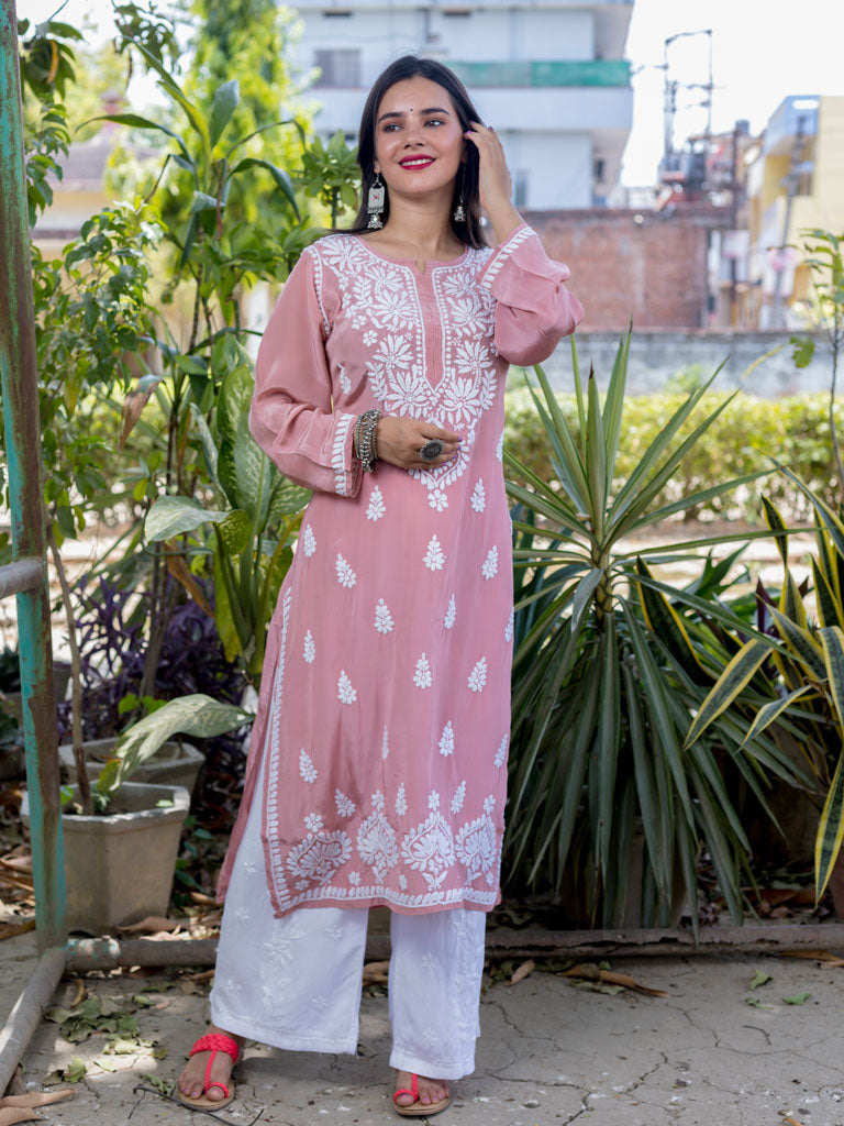 Readymade Floral Chikankari Crepe Silk Kurti-Rose Pink