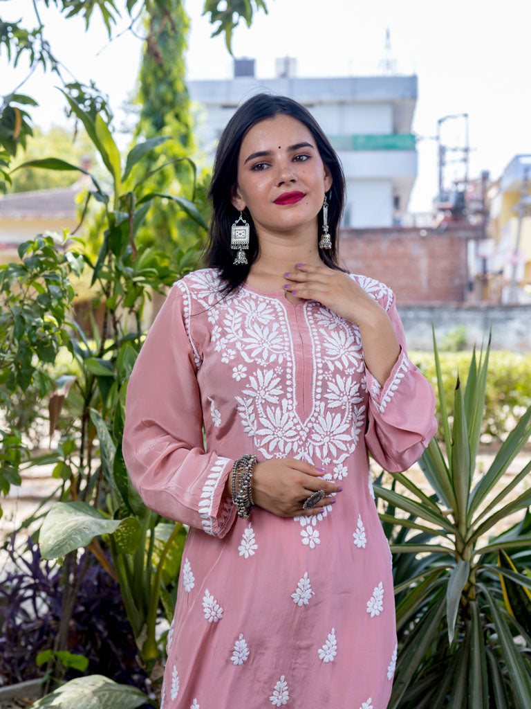 Readymade Floral Chikankari Crepe Silk Kurti-Rose Pink