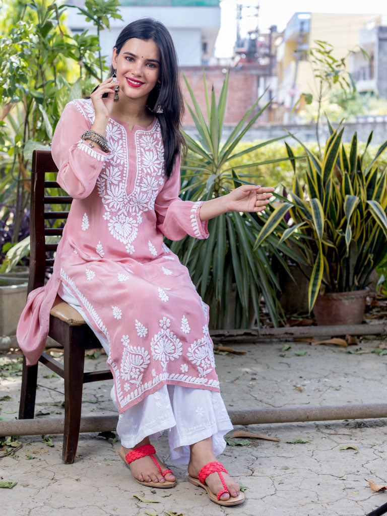 Readymade Floral Chikankari Crepe Silk Kurti-Rose Pink