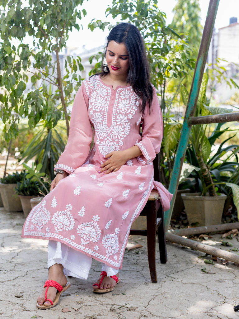 Readymade Floral Chikankari Crepe Silk Kurti-Rose Pink