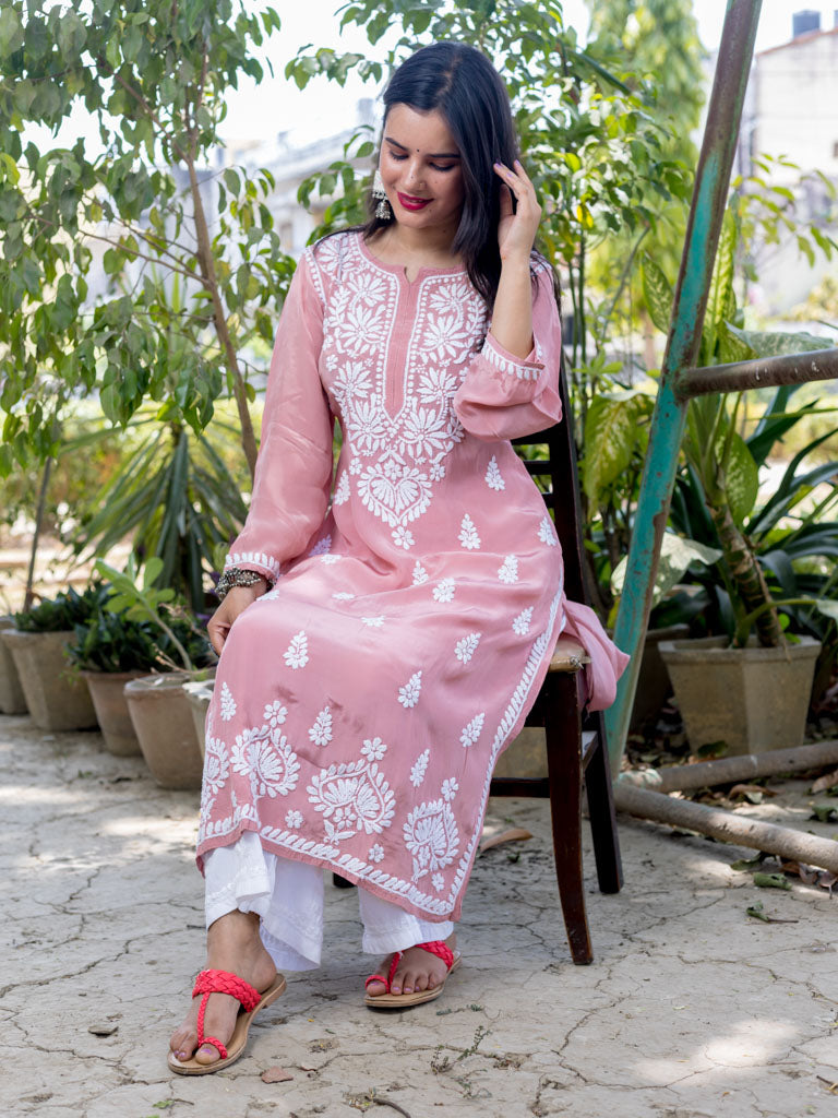 Readymade Floral Chikankari Crepe Silk Kurti-Rose Pink