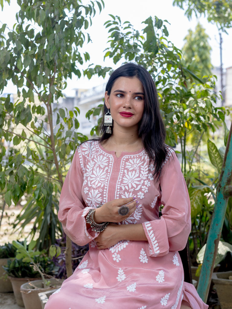 Readymade Floral Chikankari Crepe Silk Kurti-Rose Pink