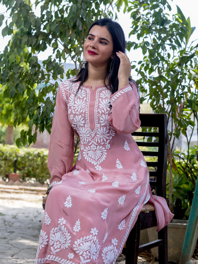 Readymade Floral Chikankari Crepe Silk Kurti-Rose Pink