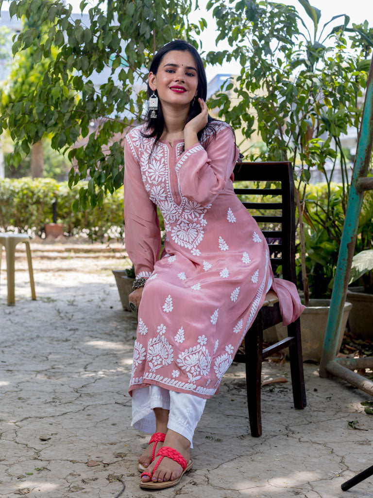 Readymade Floral Chikankari Crepe Silk Kurti-Rose Pink