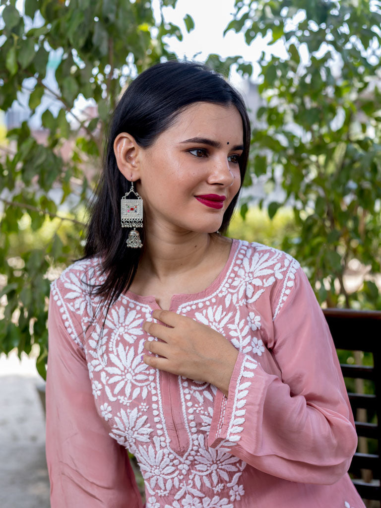 Readymade Floral Chikankari Crepe Silk Kurti-Rose Pink