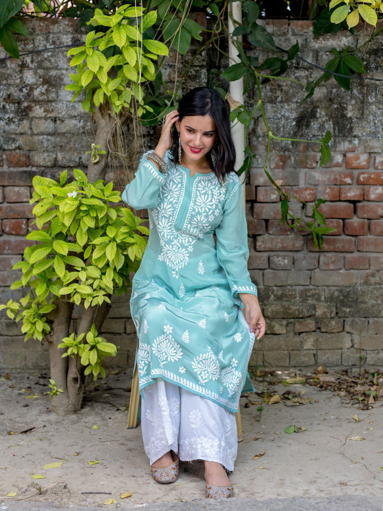 Readymade Floral Chikankari Crepe Silk Kurti-Light Blue