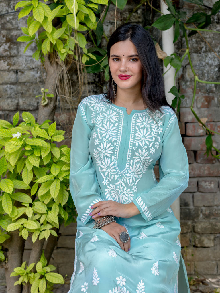 Readymade Floral Chikankari Crepe Silk Kurti-Light Blue